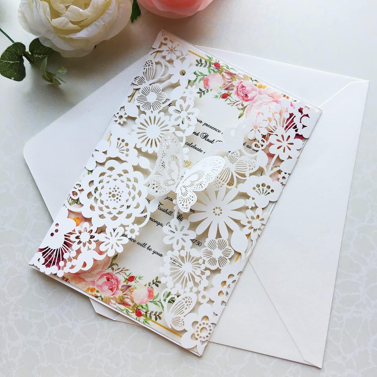 Hochzeit Einladungskarten mit Schmetterling, Spitze und Umschlägen, 20 Stück Leeres Papier Elfenbein