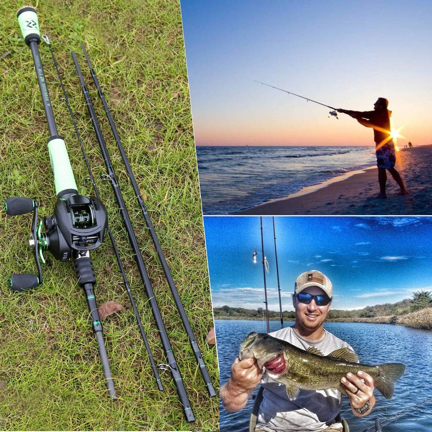 4-teiliges Angelruten-Set, 2.1M/6.89FT with Right Handed Reel A-Baitcasting Rute und Spule