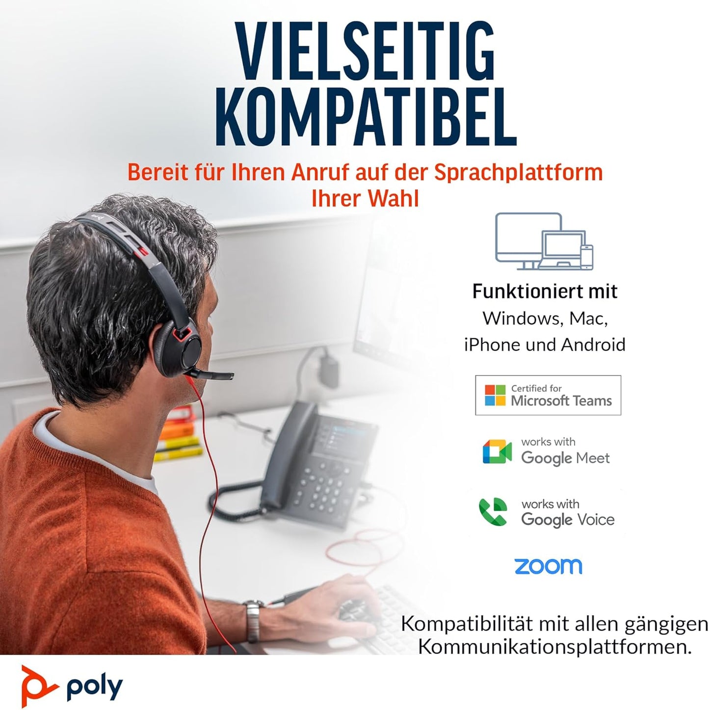Schnurgebundenes Headset Poly Blackwire 5210 mit Noise Cancelling-Mikrofon, 2024 Version (USB-C & AUX) USB-A, USB-C