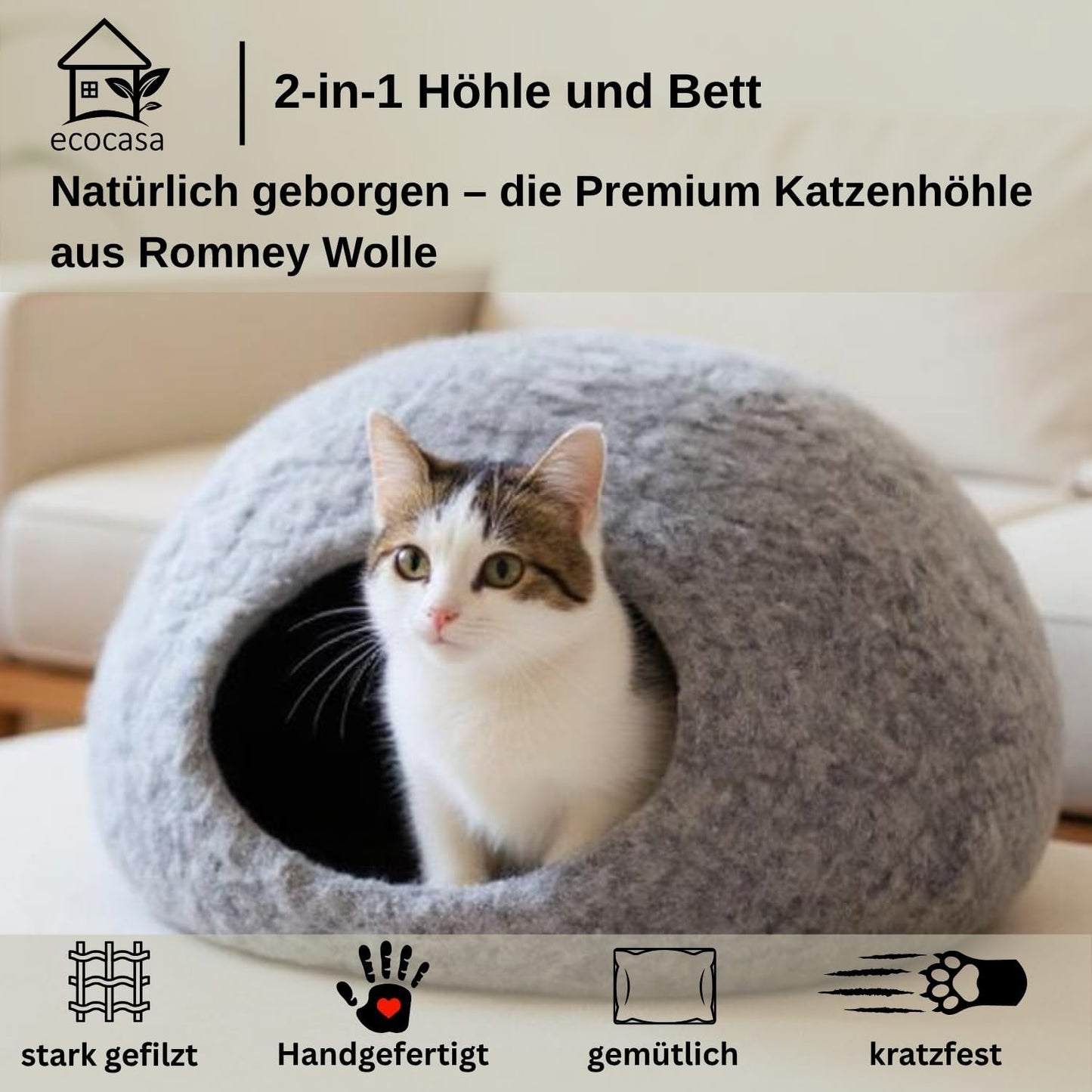 2-in-1Katzenhöhle & Katzenbett, Hellgrau