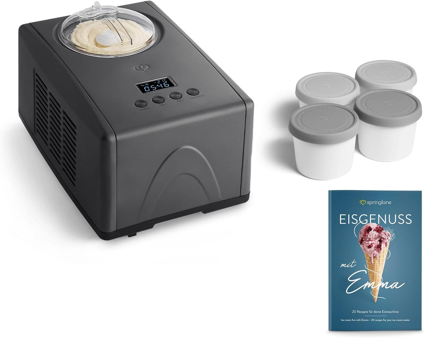 Eismaschine Emma mit selbstkühlendem Kompressor, Anthrazit / Emma Anthrazit + 4 Eisbehälter Mini Grau