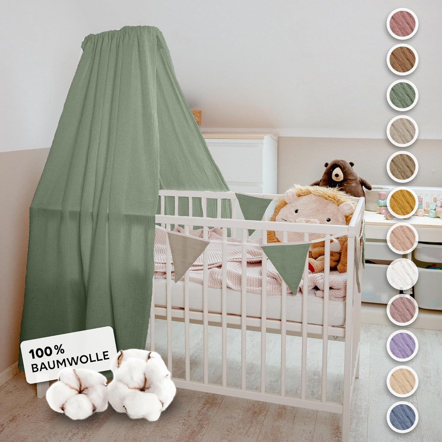 Betthimmel aus Musselin für Babybett, Eukalyptus ohne Himmelstange