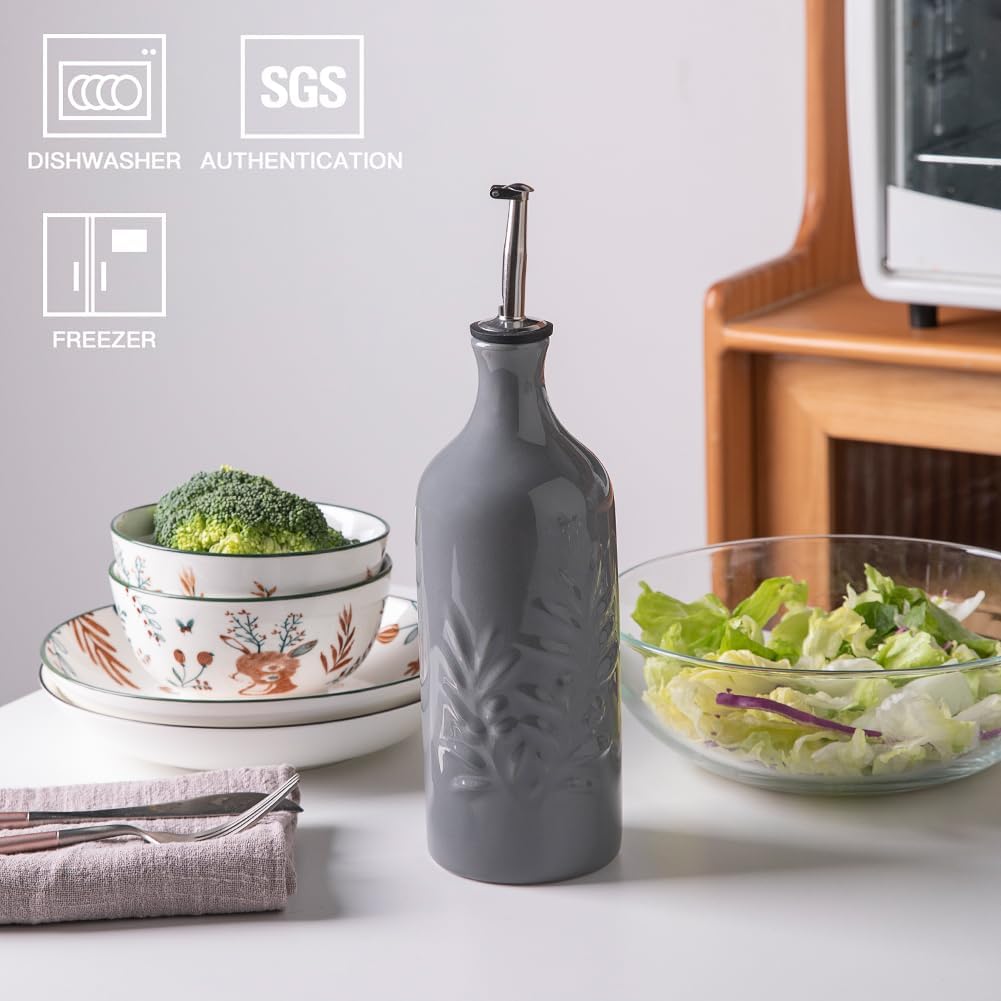 Keramische Olivenölspenderflasche 570ml, Grau Olivenblatt-Relief, 570 ml