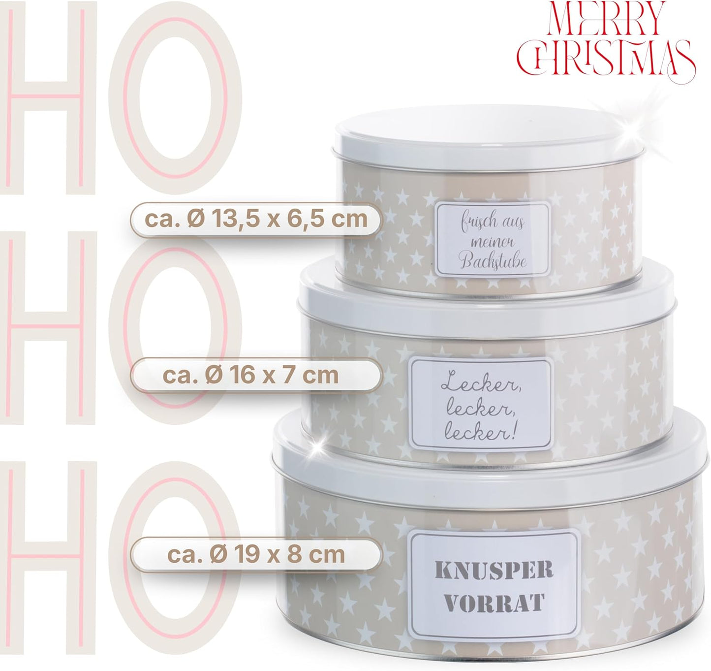3er-Set Stapelbare Plätzchendosen, Sterne Grau/Beige