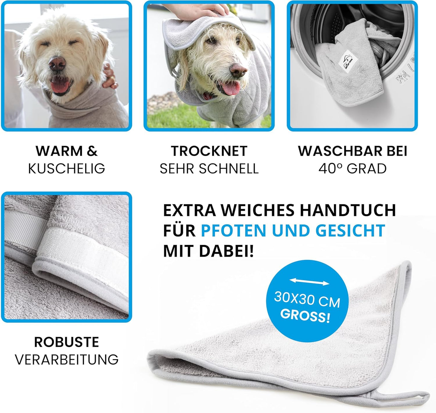 Schnelltrocknender Hundebademantel, M Grau