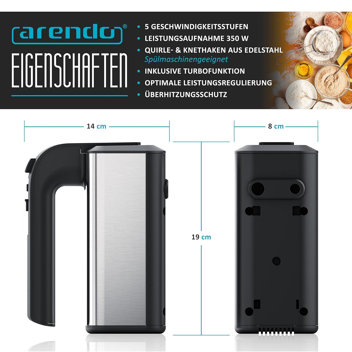 Handmixer Mixero mit 5 Geschwindigkeiten und Turbo, A: Schwarz / Edelstahl