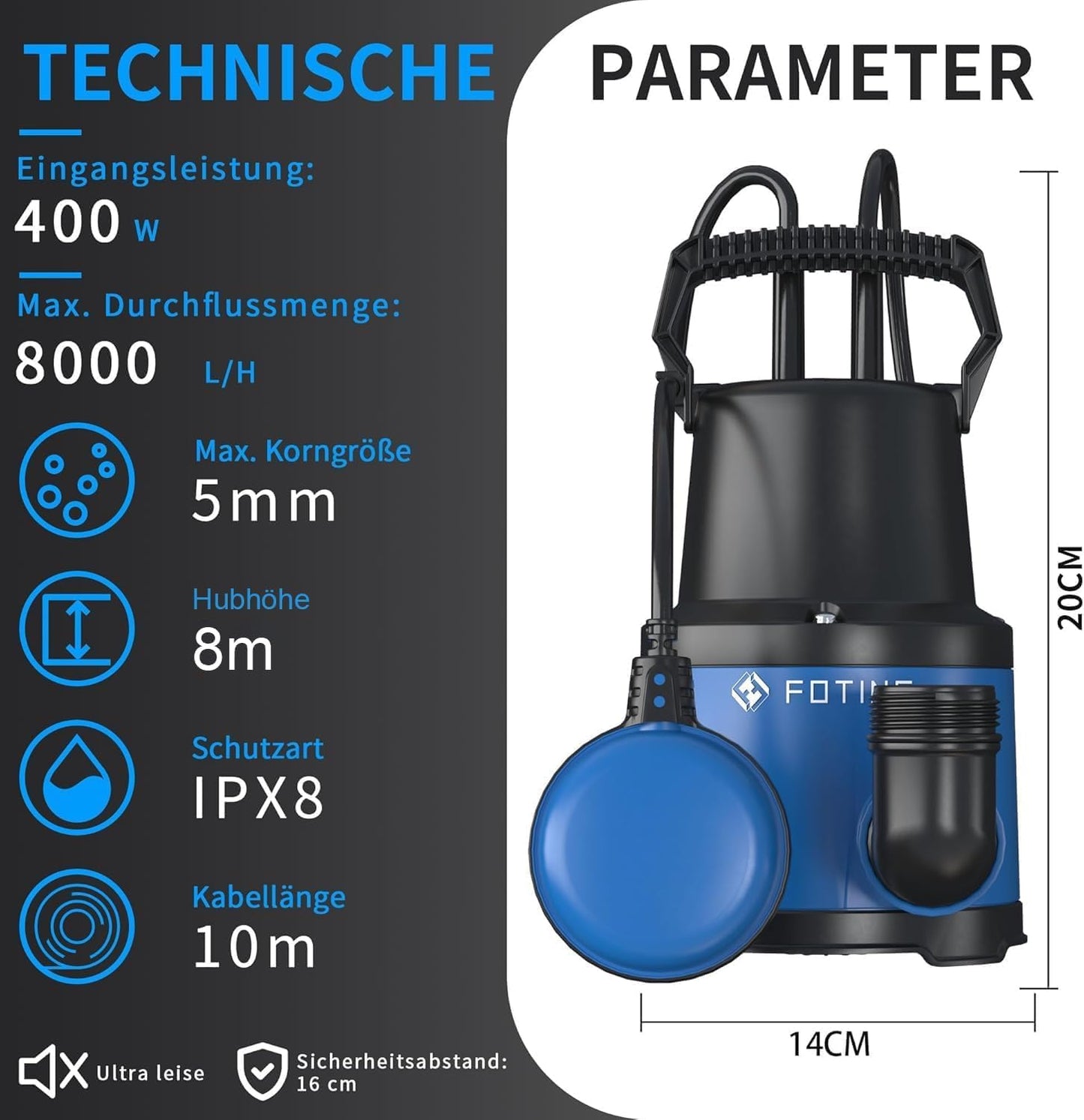 Tauchpumpe Q400210 mit einstellbarem Schwimmerschalter, Königsblau