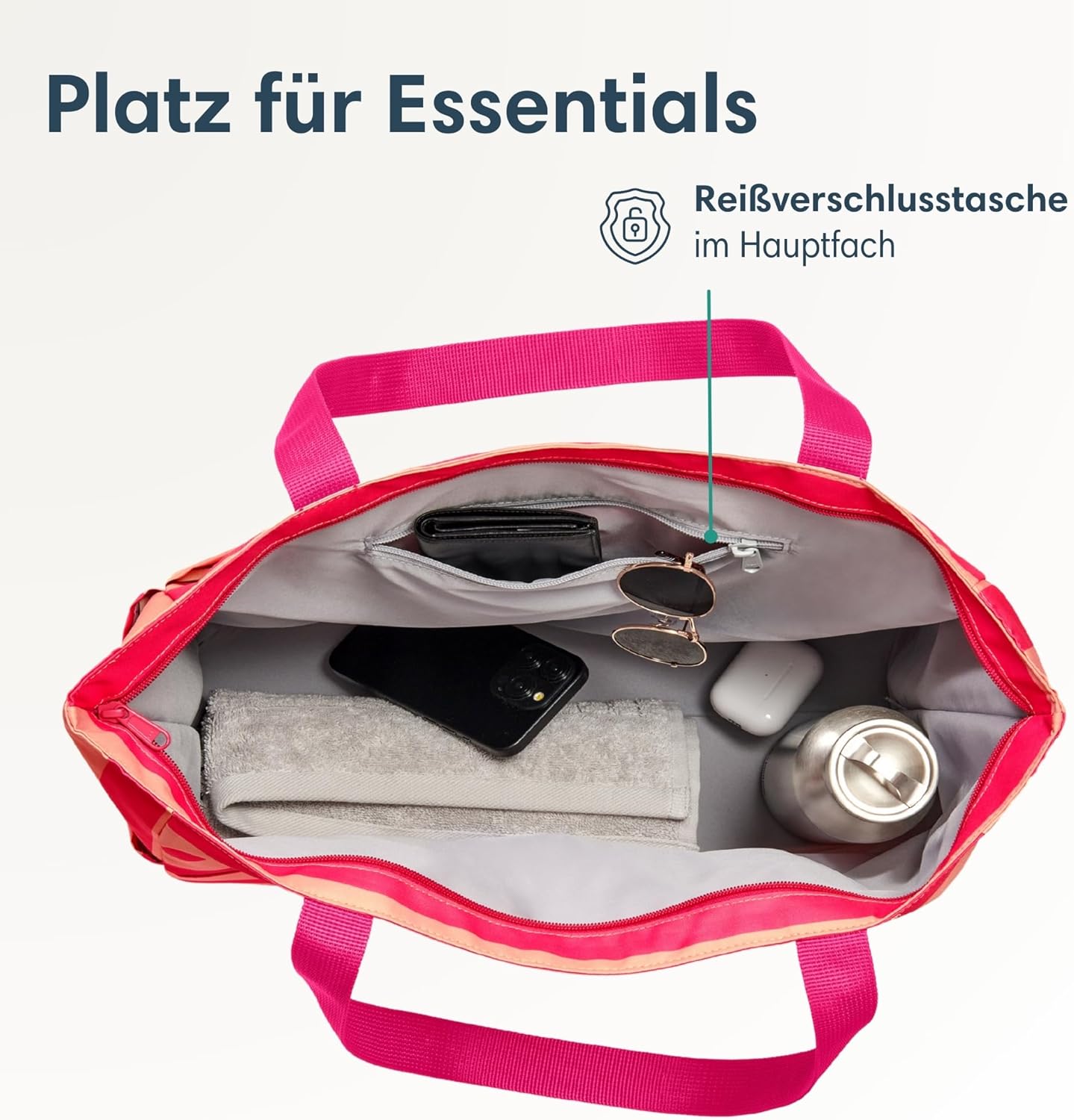 Strandtasche Linn XXL mit Reissverschluss, Pink - Gestreift