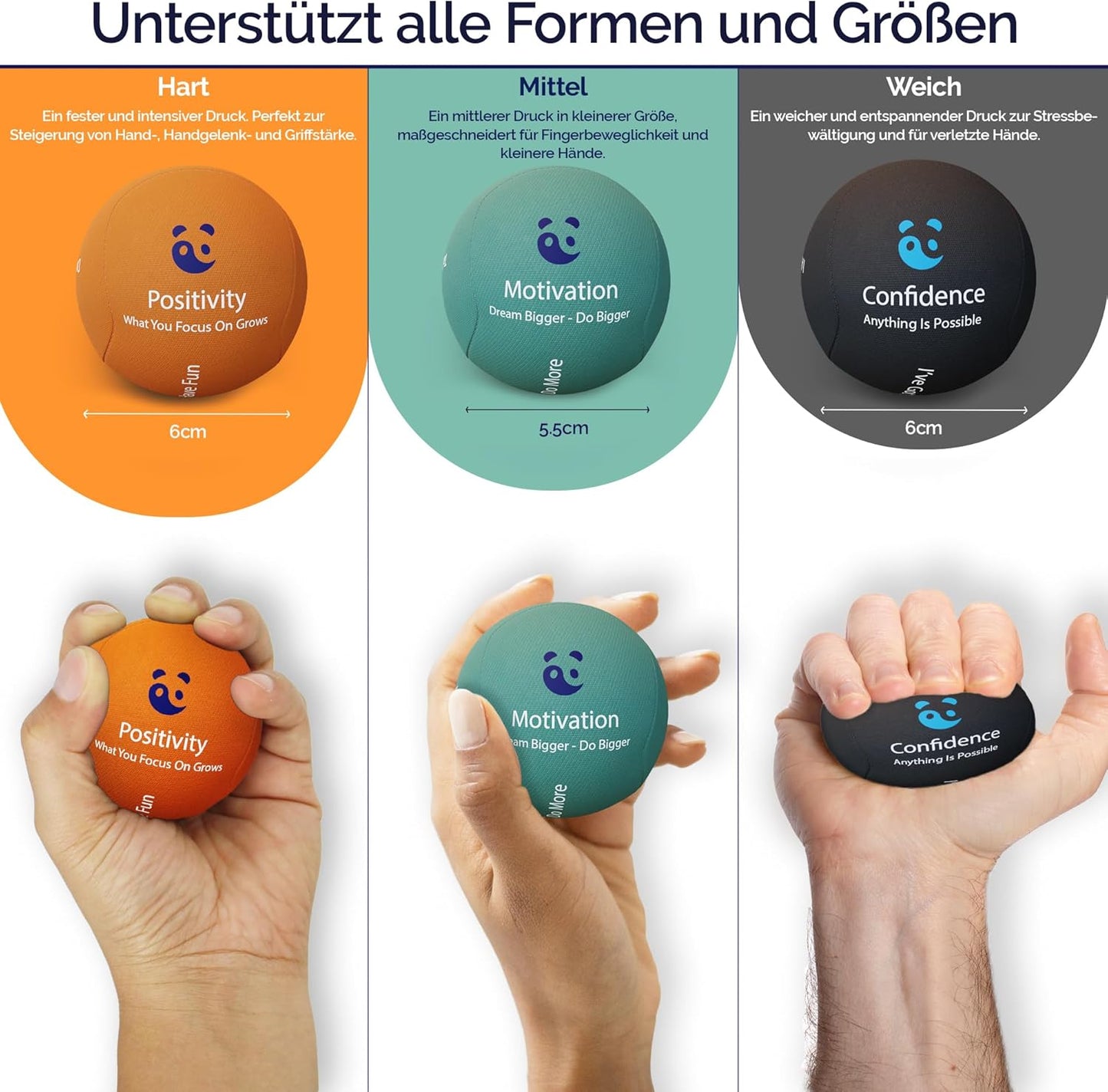 Stressball Handtrainer-Set (3 Dichten), Sonnenorange, Anthrazit, Jadegrün