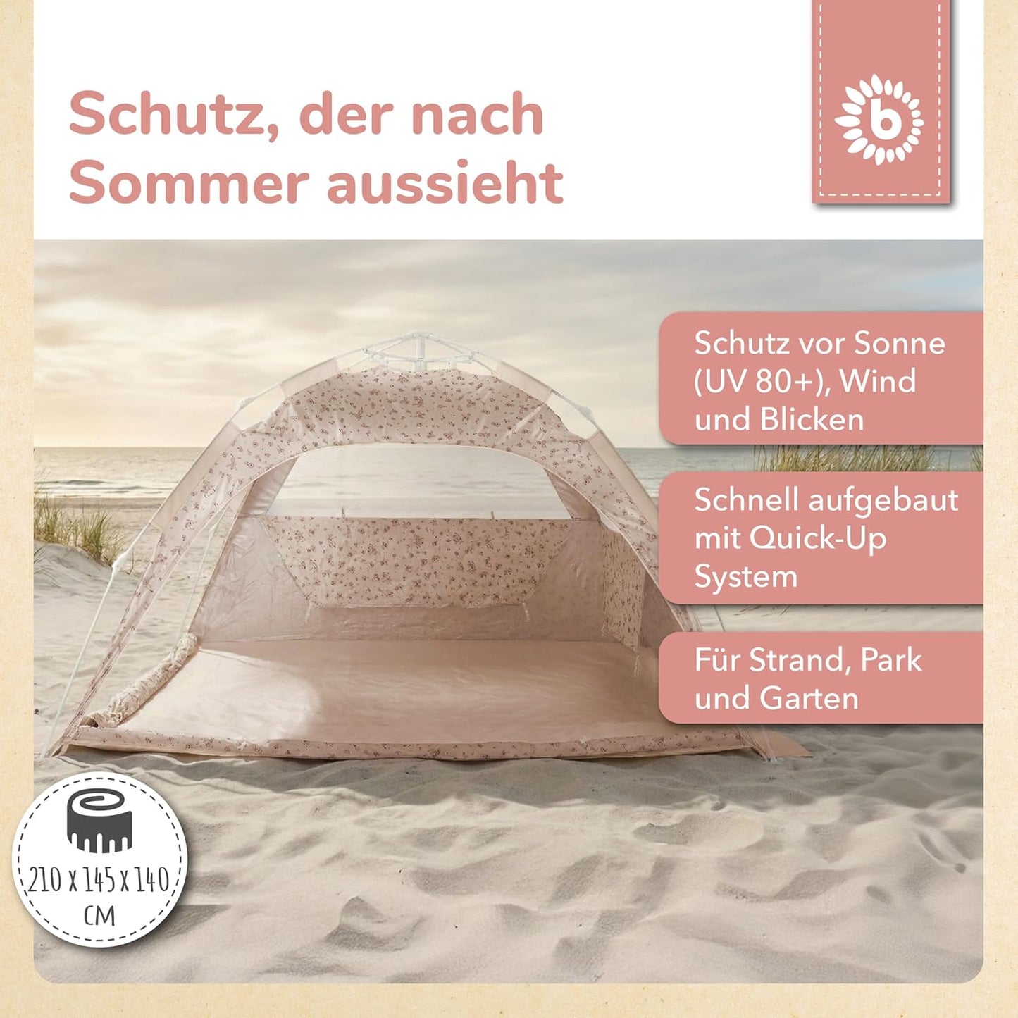 Strandmuschel Pop Up XXL Quick-Up Zelt mit UV Schutz 80+, Strandzelt Dreamy Flowers