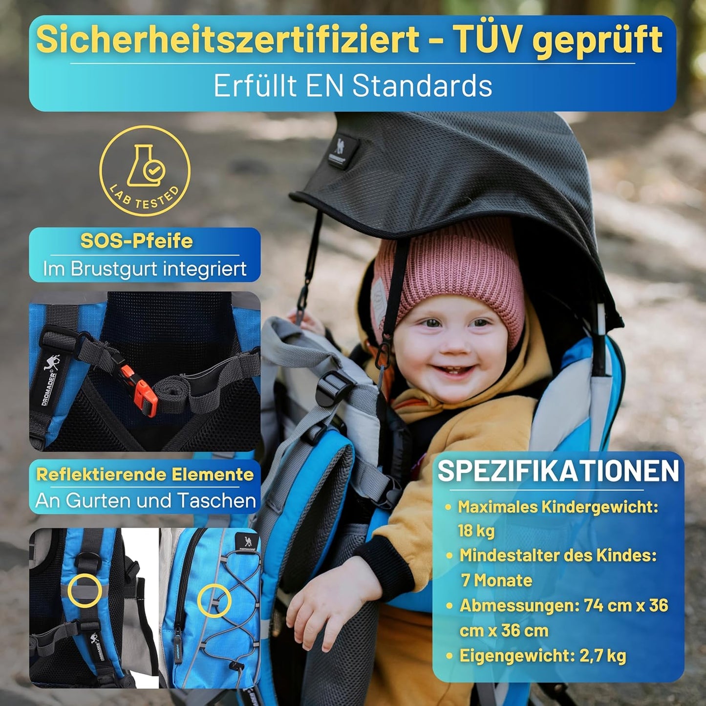 Kraxe Kindertrage mit Sonnendach und Regenschutz, Blau