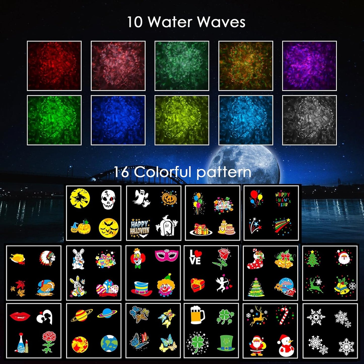 LED-Weihnachtsprojektor mit Fernbedienung, 16 Filme und 10 Farben