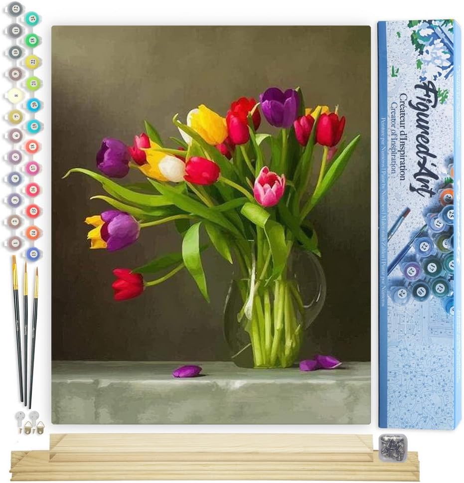 Malen nach Zahlen Set Bunte Tulpen mit Rahmen, 40x50cm, Bunte Tulpen 40x50cm Mit Keilrahmen (nicht gespannt)