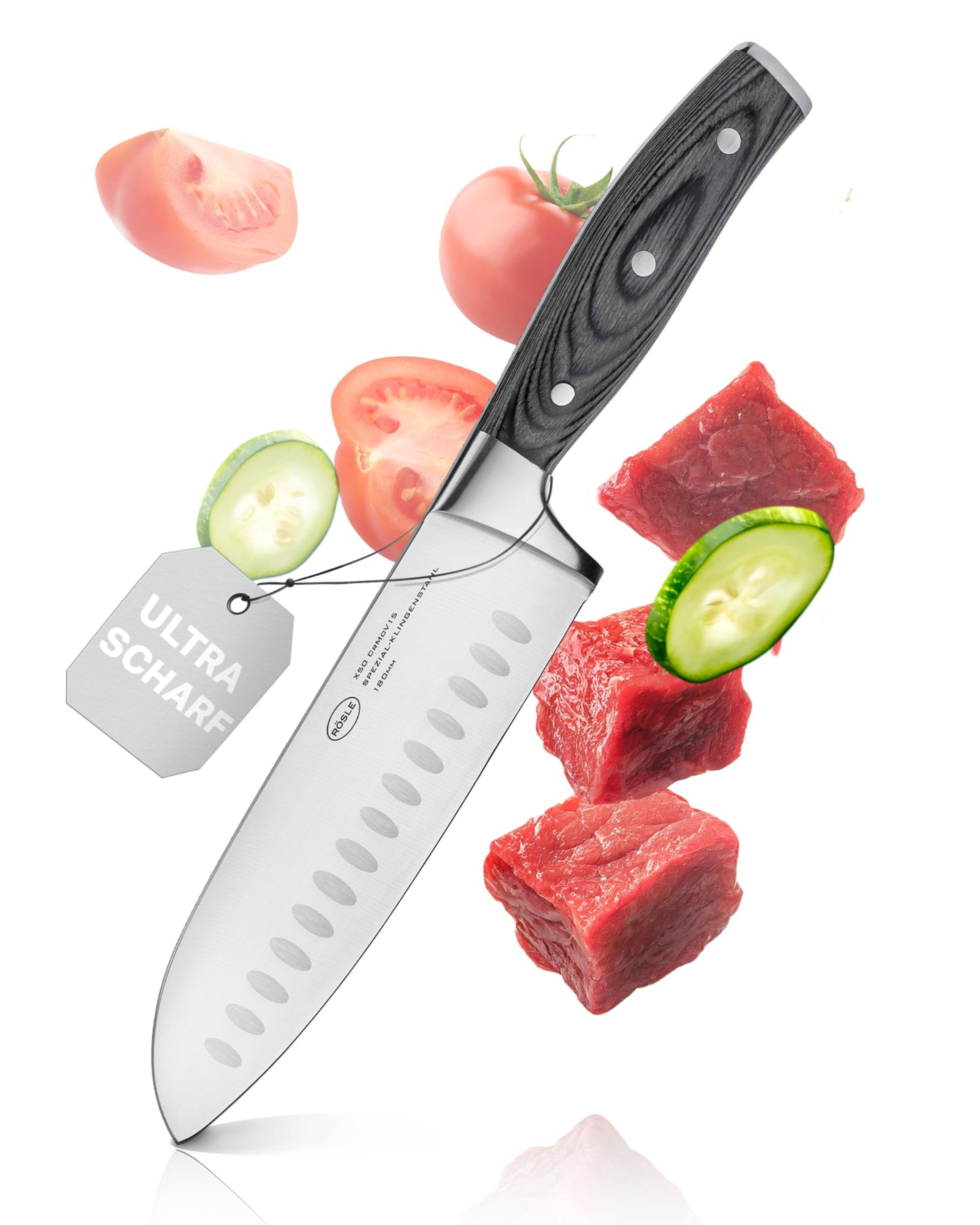 Santokumesser mit Kullenschliff, Santokumesser