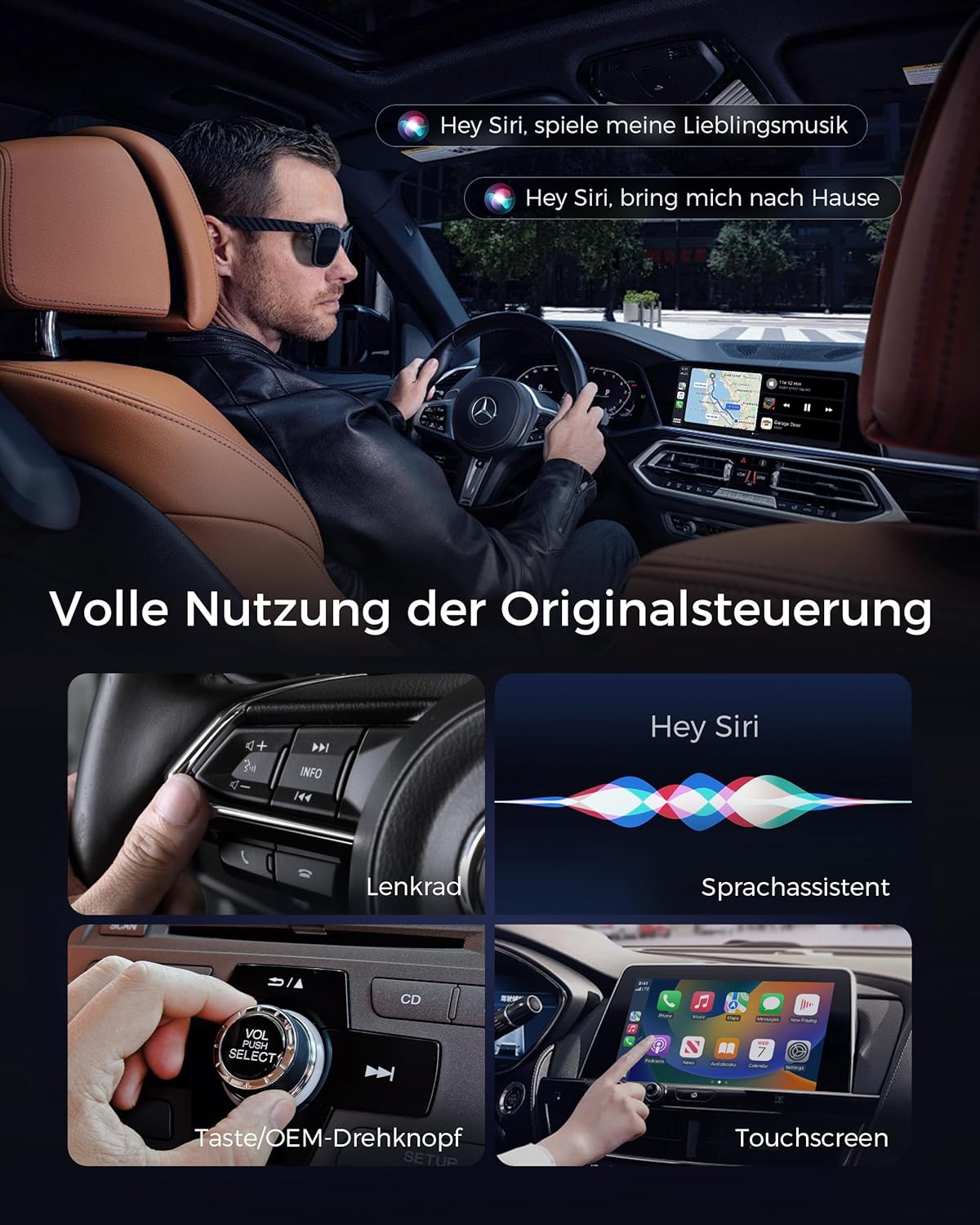 2-in-1 CarPlay & Android Auto Wireless Adapter, Schwarz