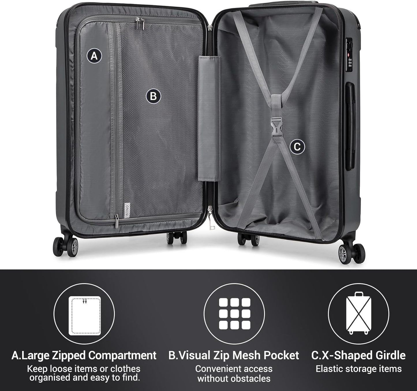 3-teiliges Hartschalen Trolley-Kofferset, 3 Teilig Kofferset Grau