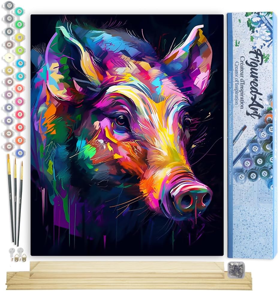 Malen nach Zahlen Set mit Rahmen (Wildschwein), Wildschwein Farbenfroh Abstrakt 40x50cm Mit Keilrahmen (nicht gespannt)
