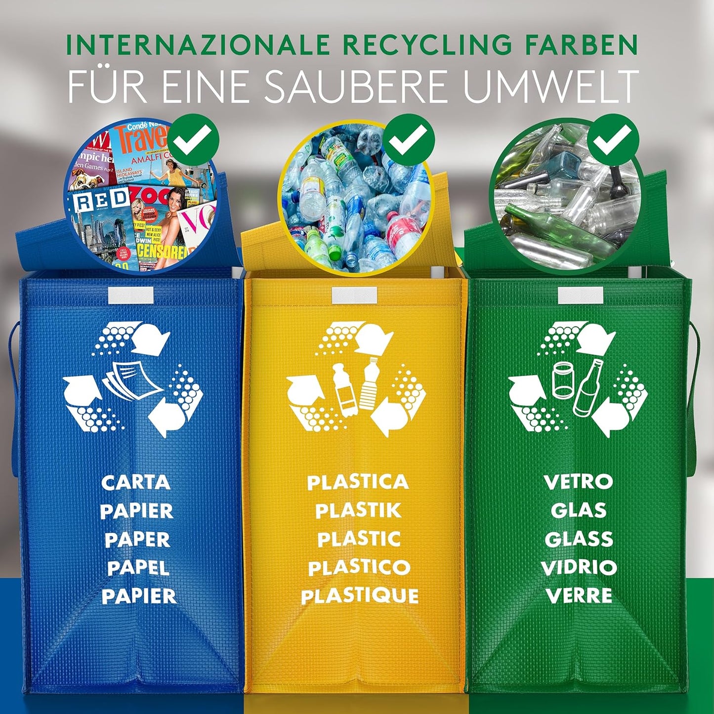 Mülltrennsystem mit 3 Fächern für Recycling, Color Edition Medio + Deckel