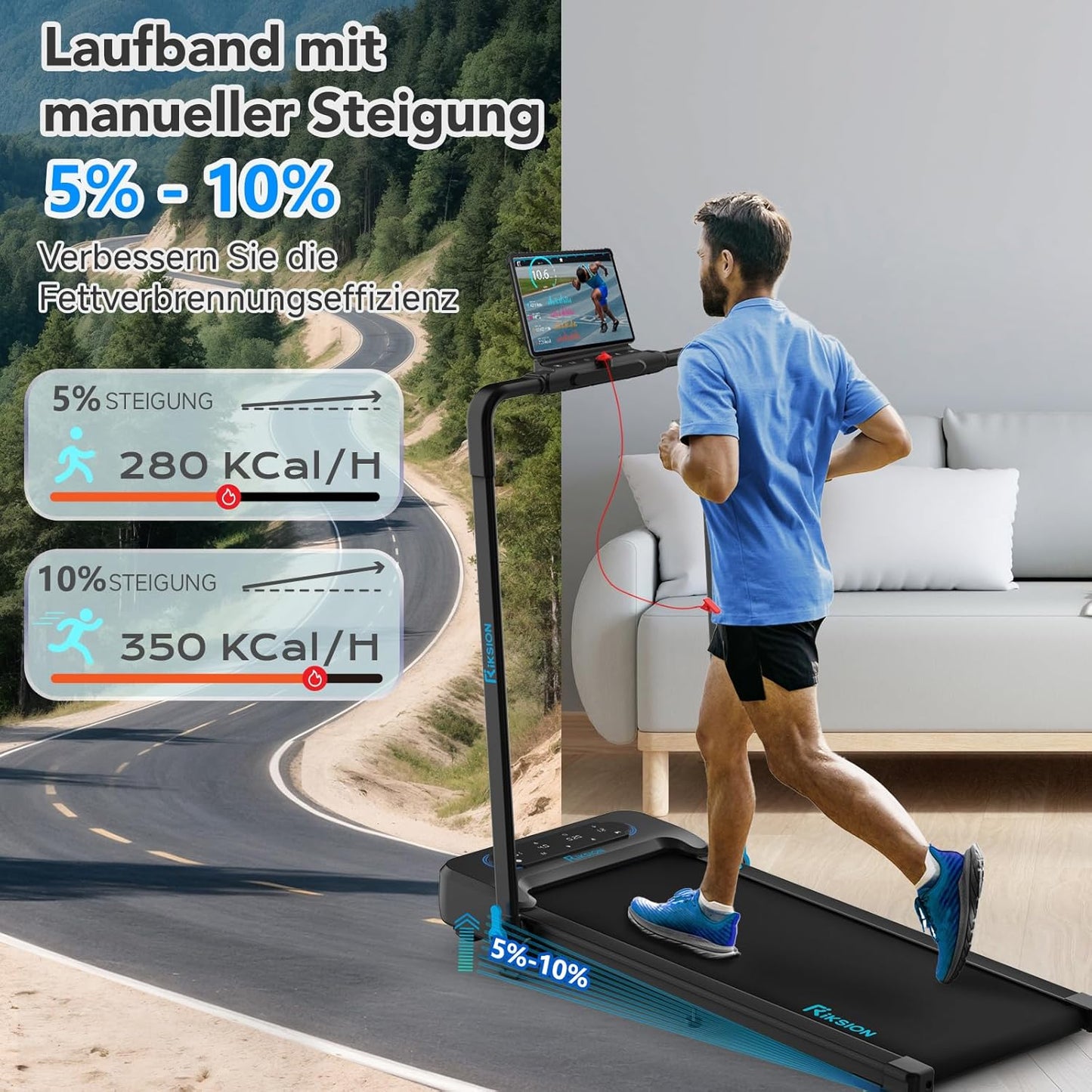 Klappbares Laufband mit Neigung und App-Steuerung, blau