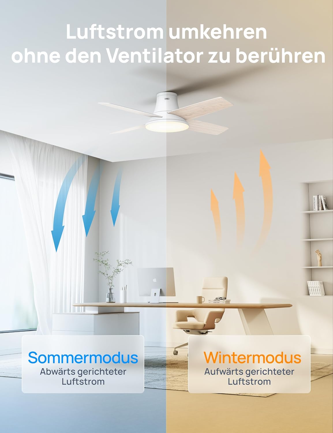 Deckenventilator mit Licht und Fernbedienung, Weisse Holzmaserung