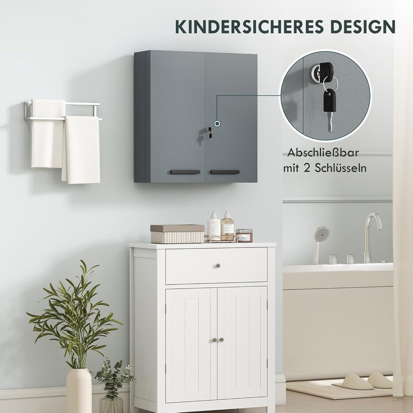 Medizinschrank mit 6 Regalen und 2 Türen, abschliessbar, Kohlegrau