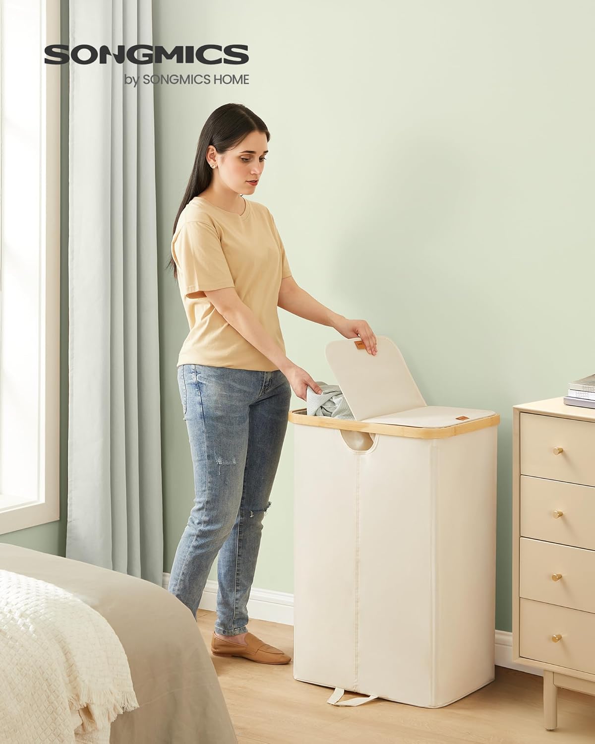 Wäschesortierer mit 2 Fächern, 150 Liter, Cremeweiss + Naturbeige