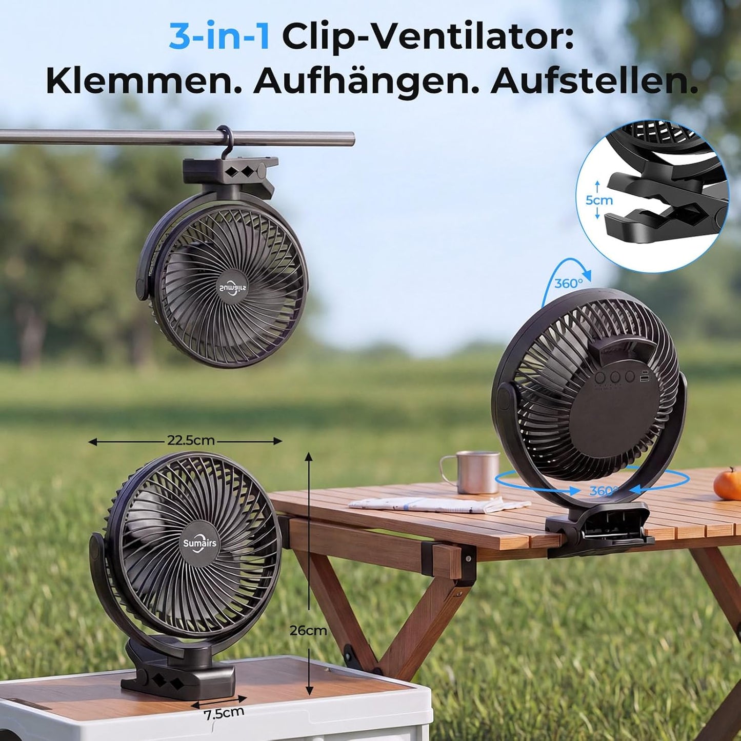 Campingventilator mit LED-Licht und Powerbank-Funktion, 20cm