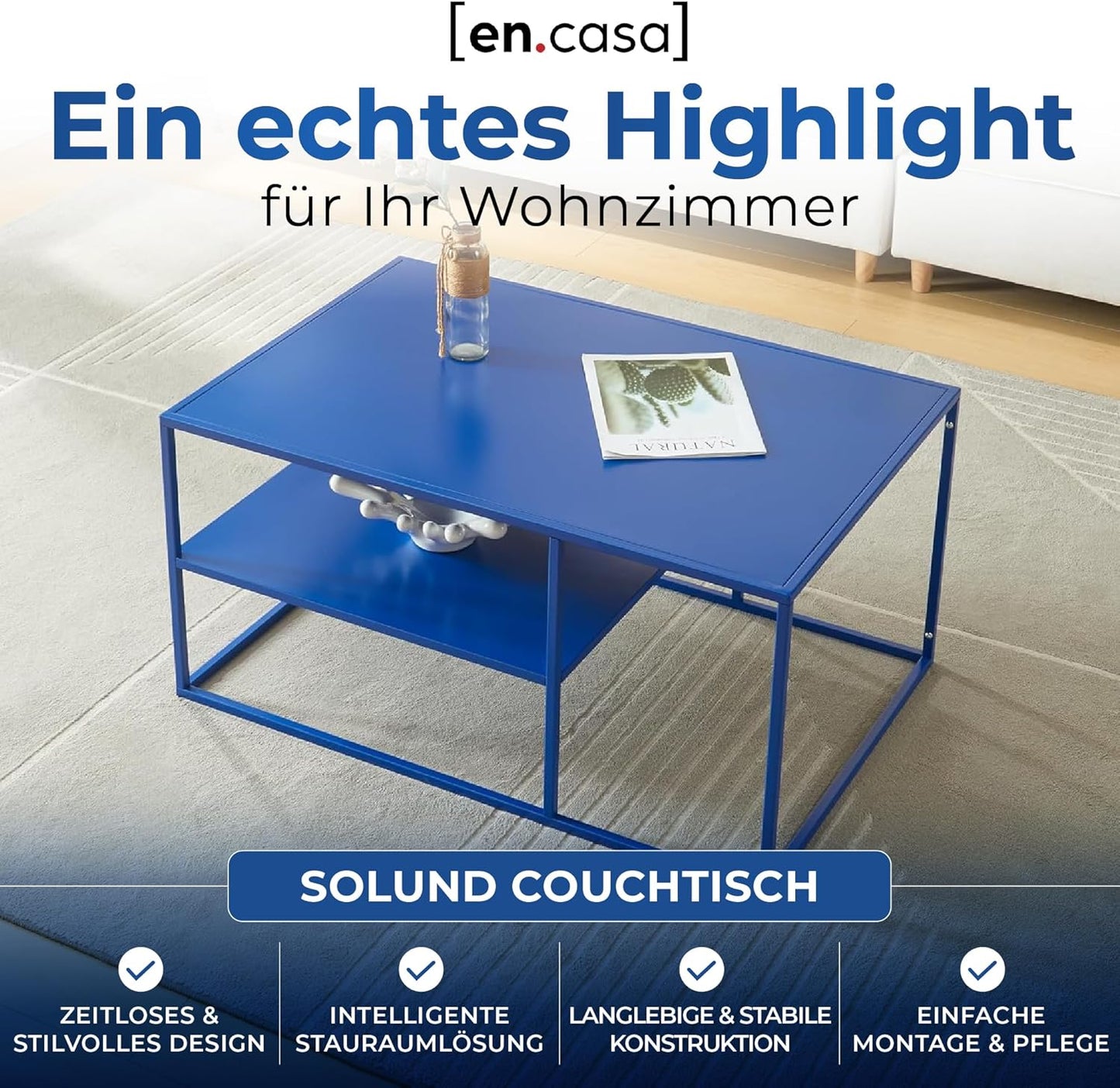 Rechteckiger Couchtisch Solund, Dunkelblau 90 x 60 x 45 cm