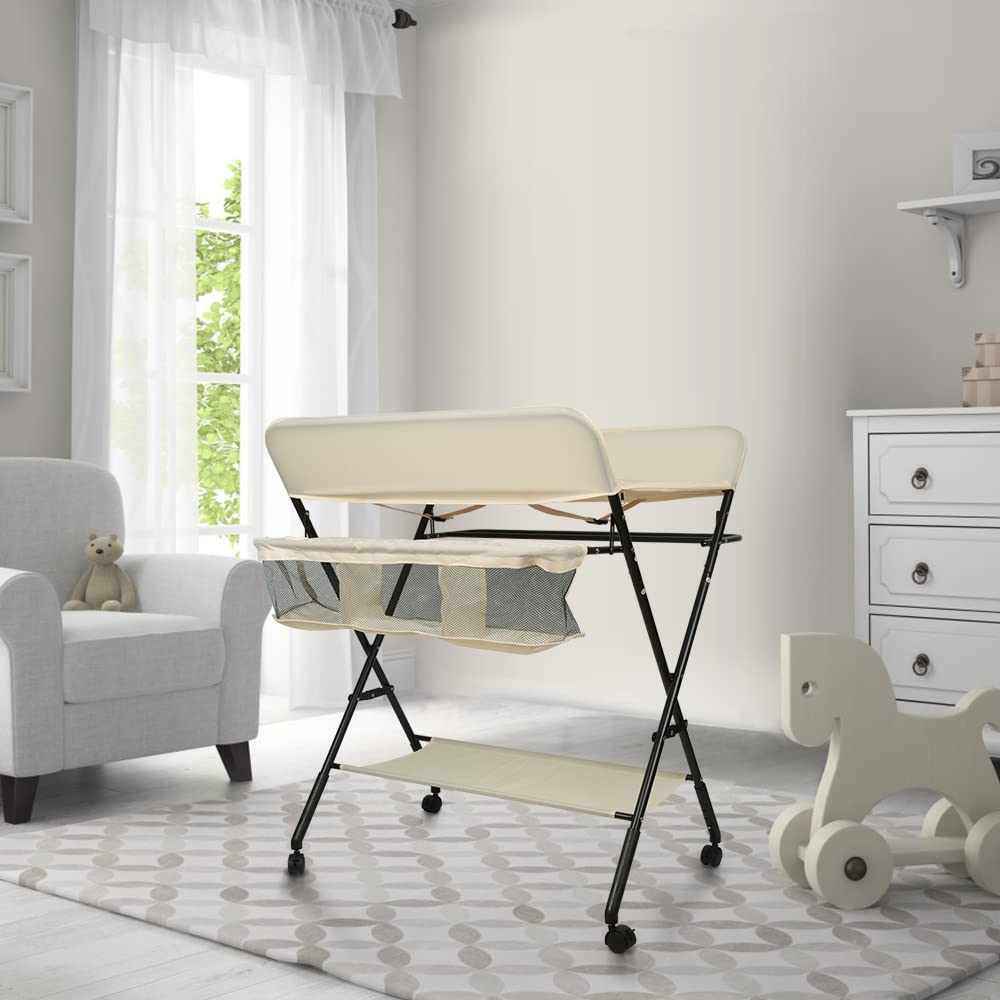 Klappbare Baby-Wickelkommode mit Rollen, A-Beige jaune