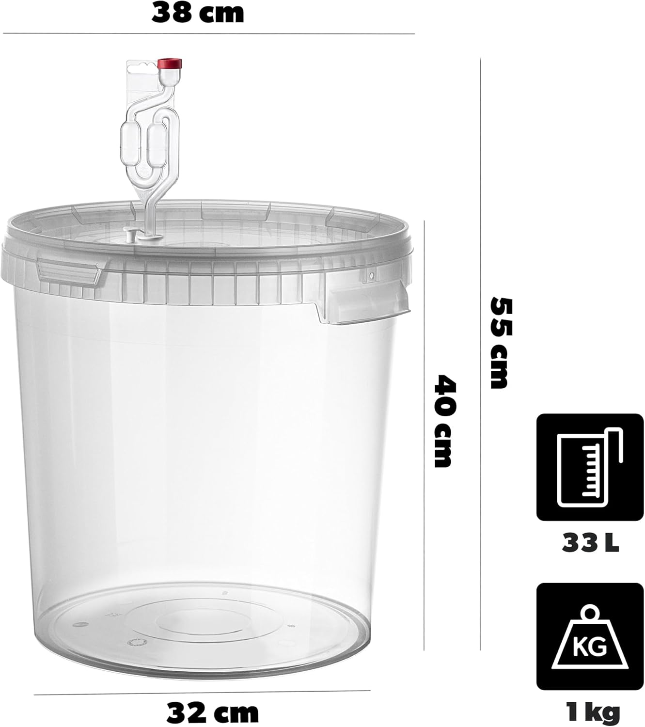 Gäreimer-Set mit Gärröhrchen & Gummistopfen, + Gärröhrchen & Gummistopfen 33l, Transparent