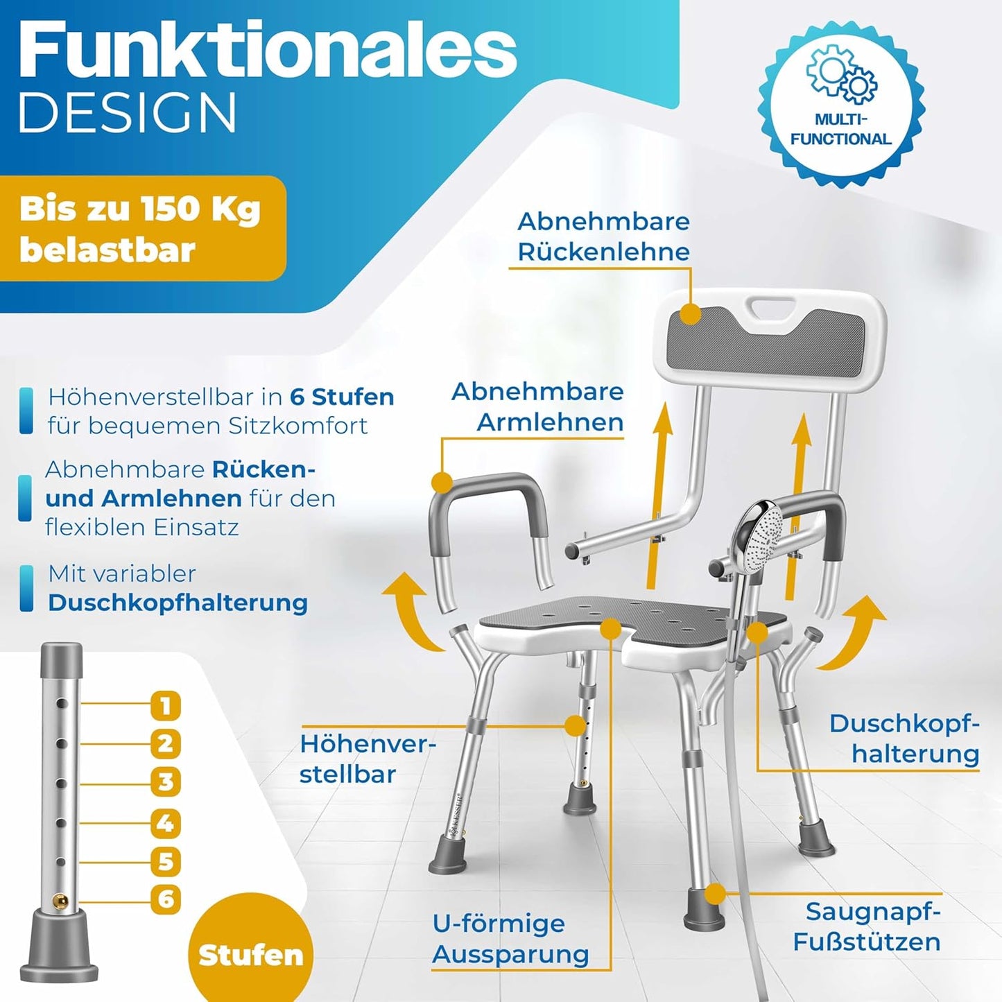 Duschhocker mit Lehne, Weiß / Grau