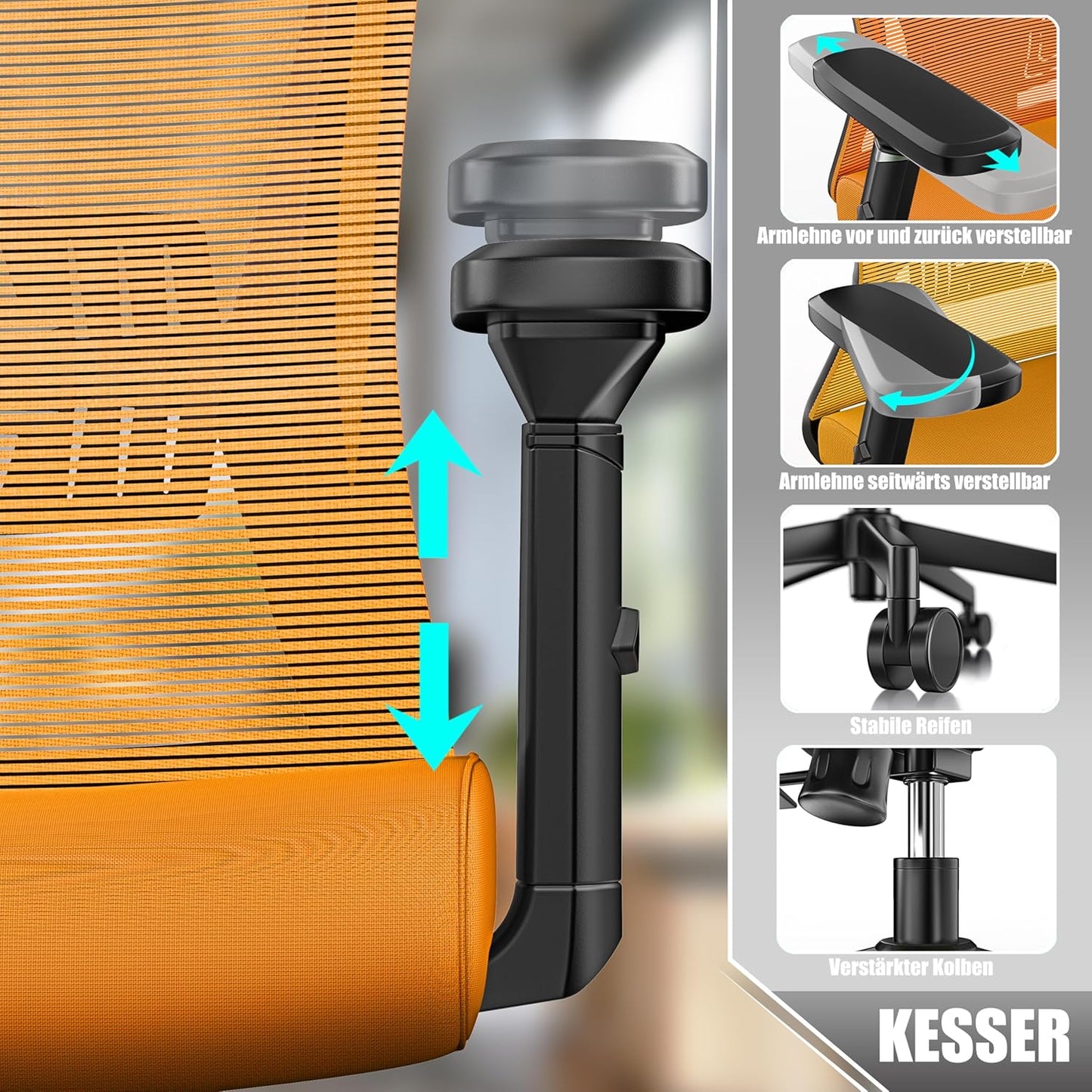 Ergonomischer Bürostuhl mit Wippfunktion und Lendenstütze, Orange / Schwarz
