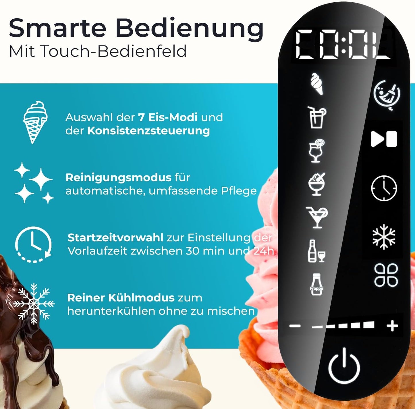 Softeismaschine mit 7 Programmen und Rezeptbuch, 1,5L Schwarz 7in1