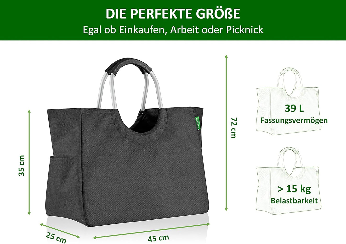 Faltbare Einkaufstasche aus recyceltem Material, Schwarz L