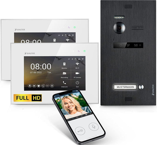 EVO-HD Video Türsprechanlage, 2 Monitore, Mit App B. Schwarz/Weiss