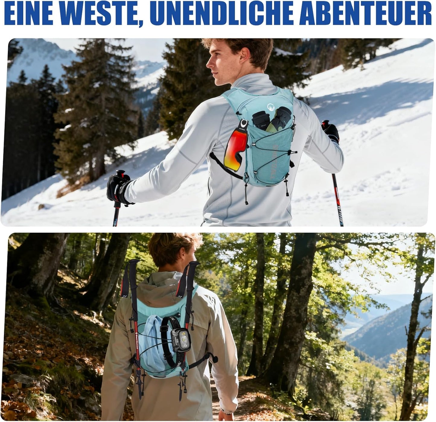 Trinkweste mit 2L Trinkblase & 500ml Flasche (6L), Blau mit eine 500ml Trinkflasche + eine 2L Trinkblase