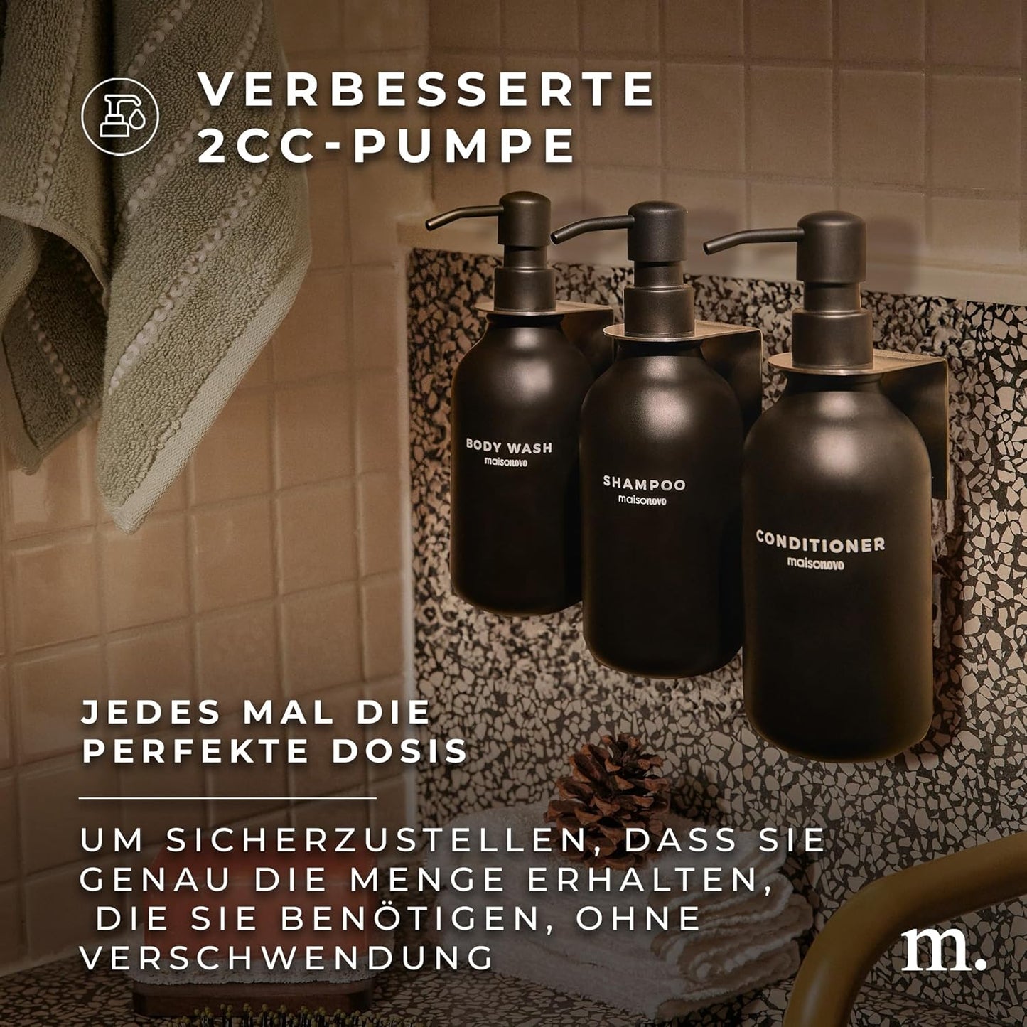 3er Set Shampooflaschen zum Befüllen mit Wandhalterung, Schwarz 3er Set