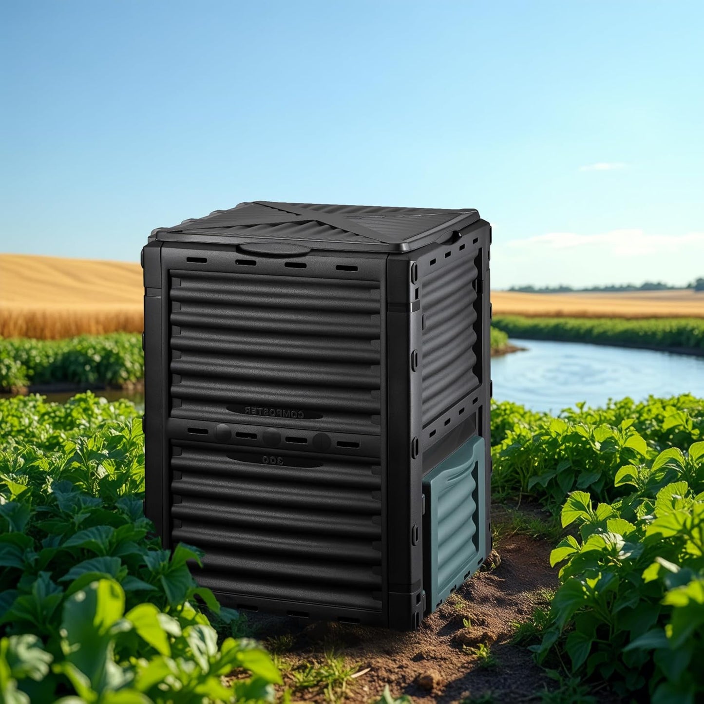 Gartenkomposter 300L mit Bodenklappe, Kunststoff 61x61x82 cm