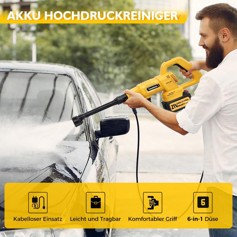Akku Hochdruckreiniger 21V mit Drehdüse und Verlängerung, Gelb