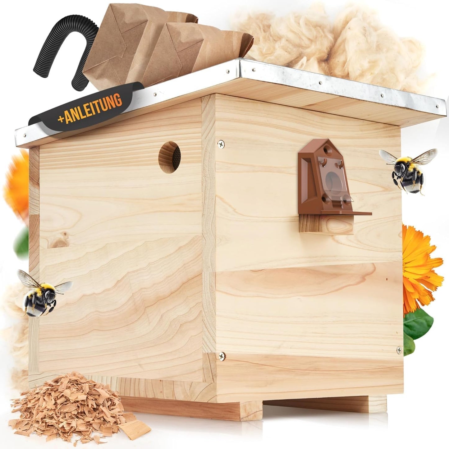 Hummelhaus mit Wachsmottensperre & Nistmaterial, mit Vorbau und Wachsmottensperre