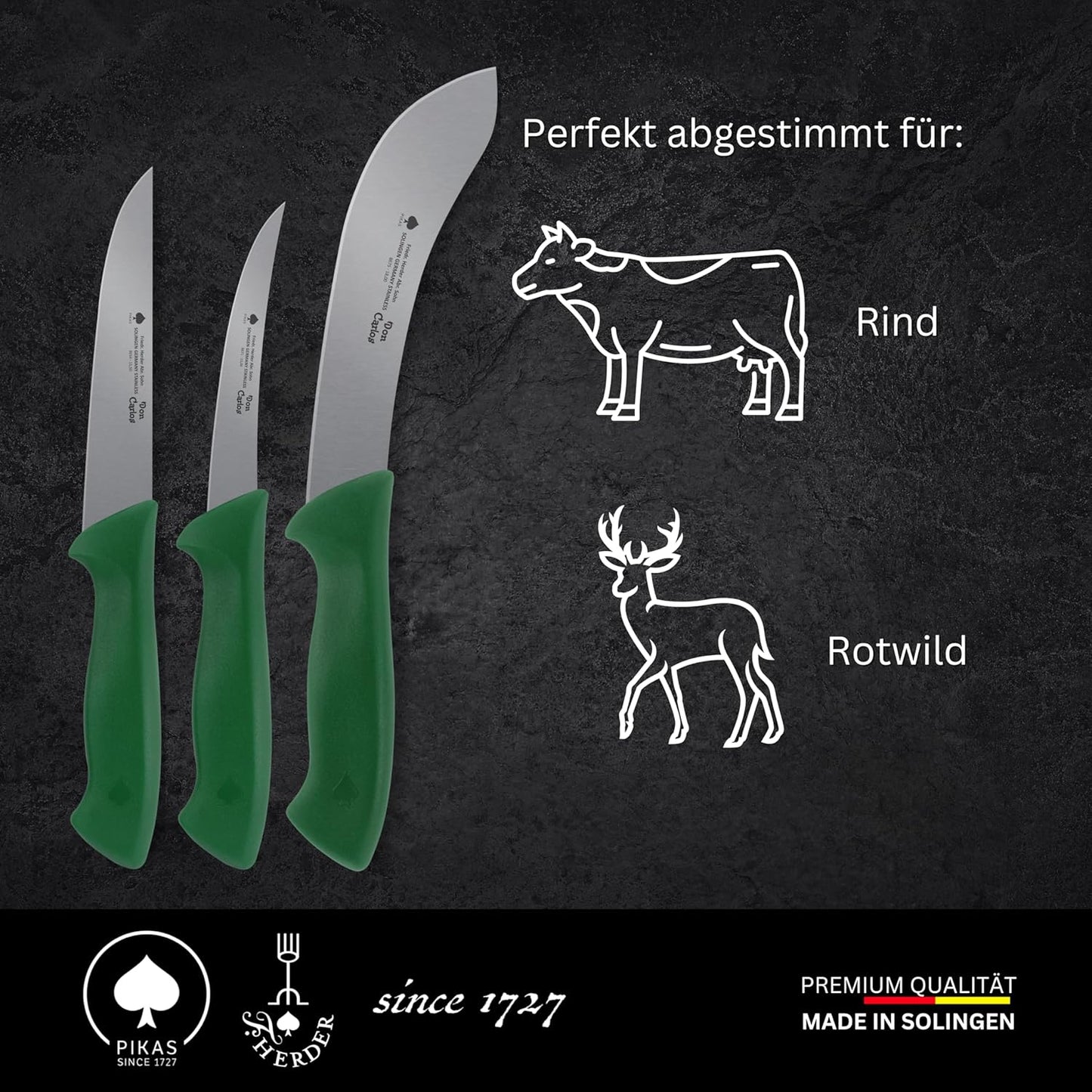 Schlachtmesser/Metzgermesser-Set, Rind & Rotwild - Grün, Schnittfeste Canva-Tasche