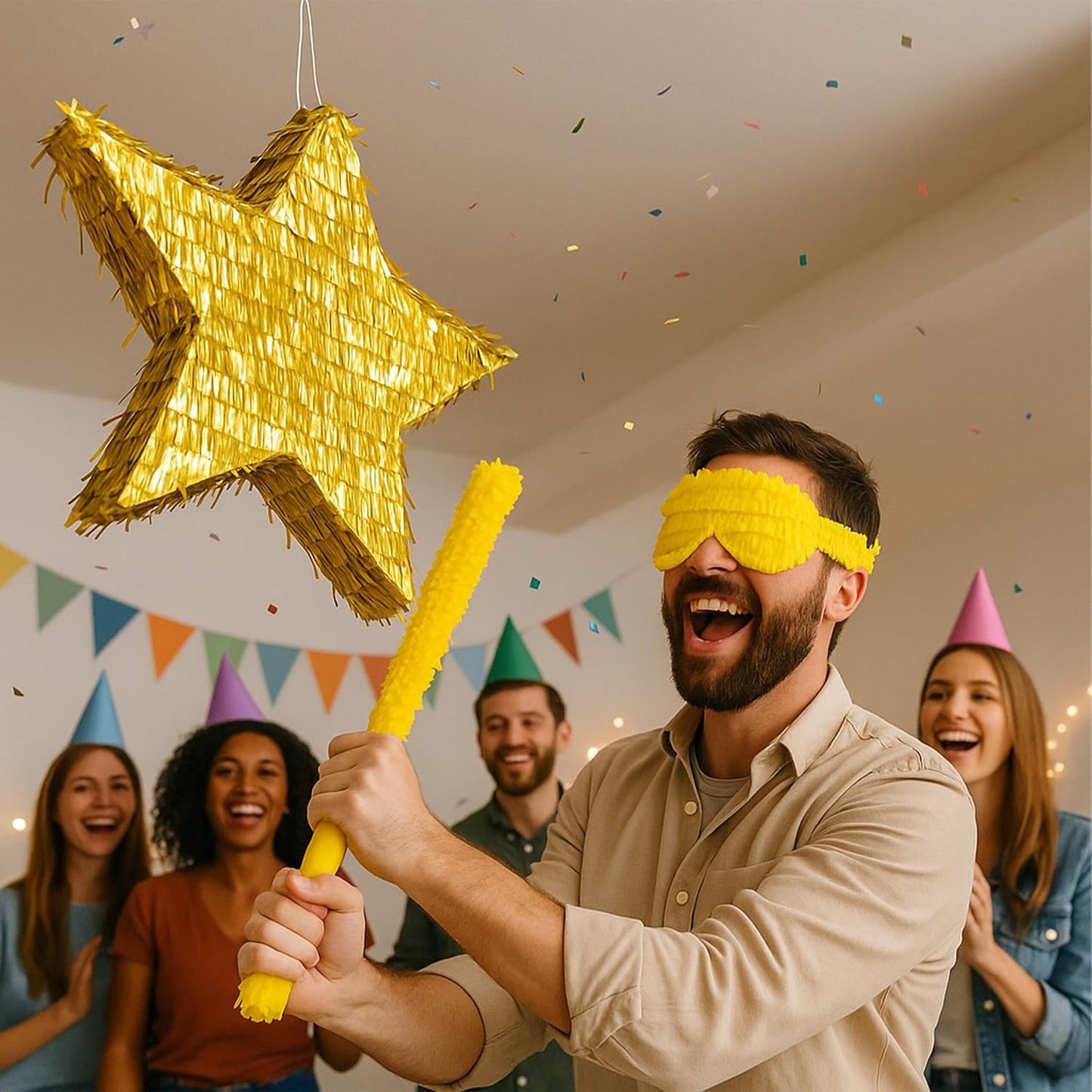 Pinata Stern mit Stab & Maske, Gold