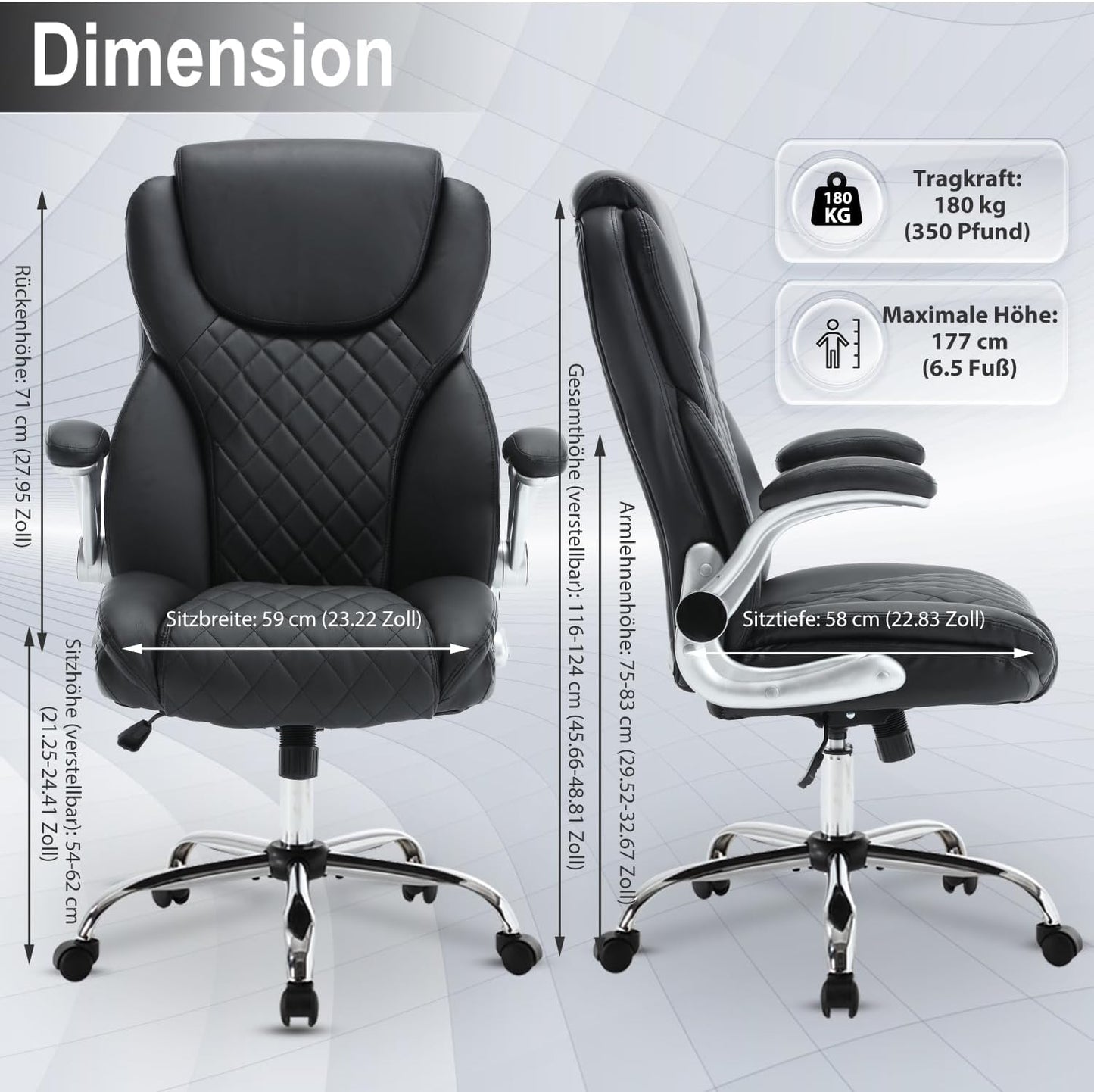 Ergonomischer Bürostuhl mit Lendenwirbelstütze, Dunkelschwarz Klassisch