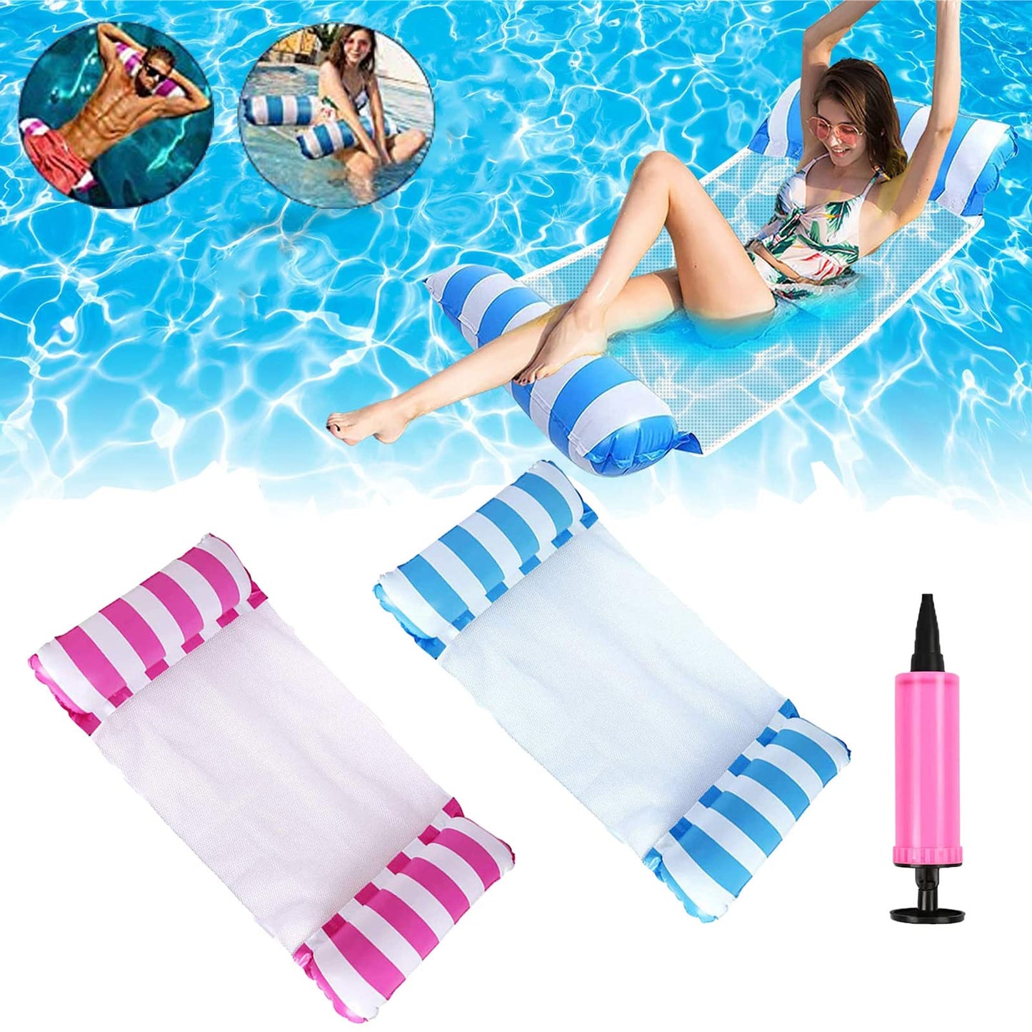 4-in-1 Wasserhängematten mit Luftpumpe, 1Rot + 1Blau