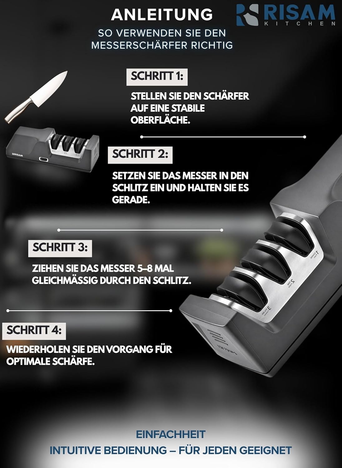 Elektrischer Messerschärfer mit 3-Stufen-Schleifsystem, Anthrazit