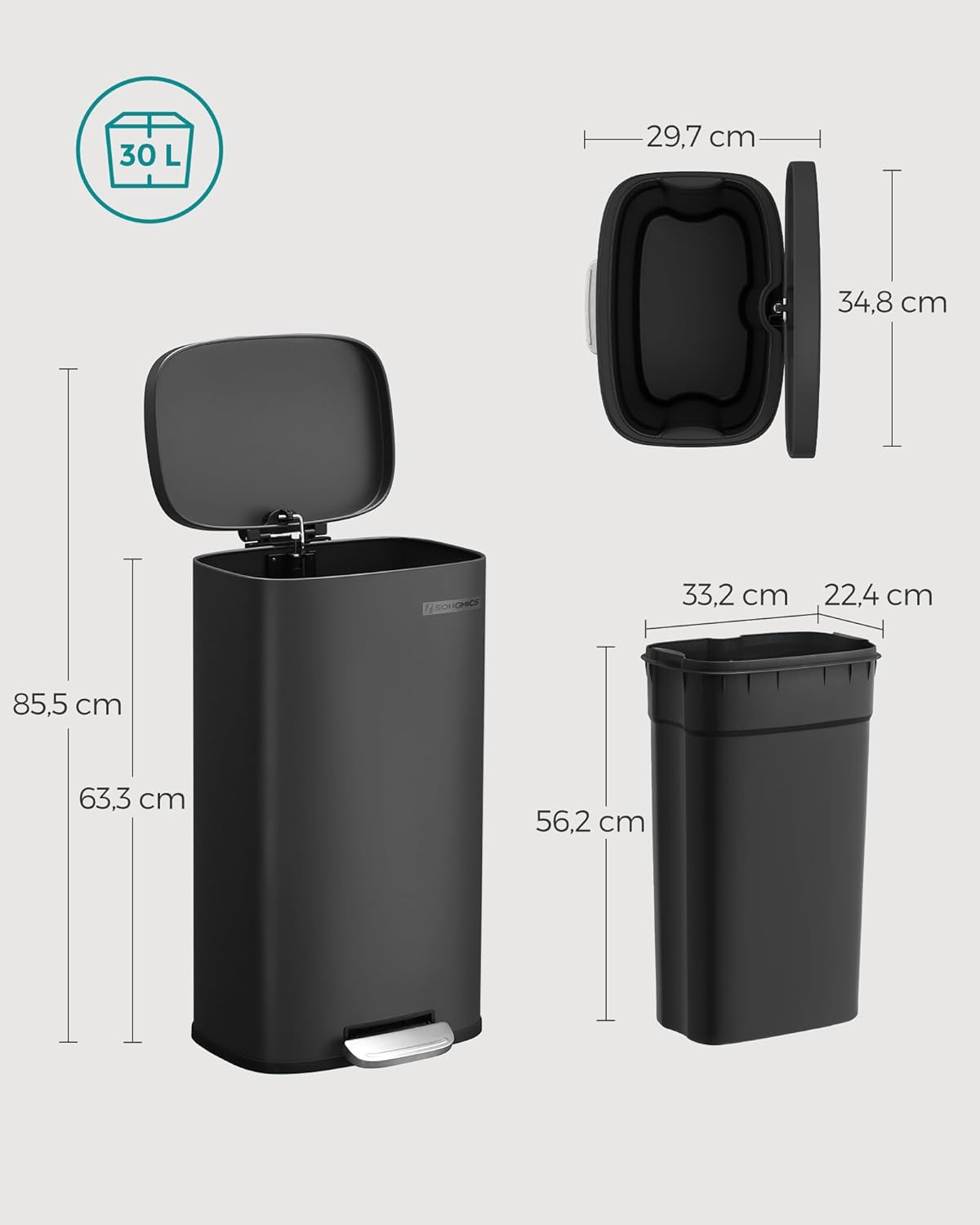 Mülleimer mit Softclose und Fusspedal, 30 Liter, Schwarz