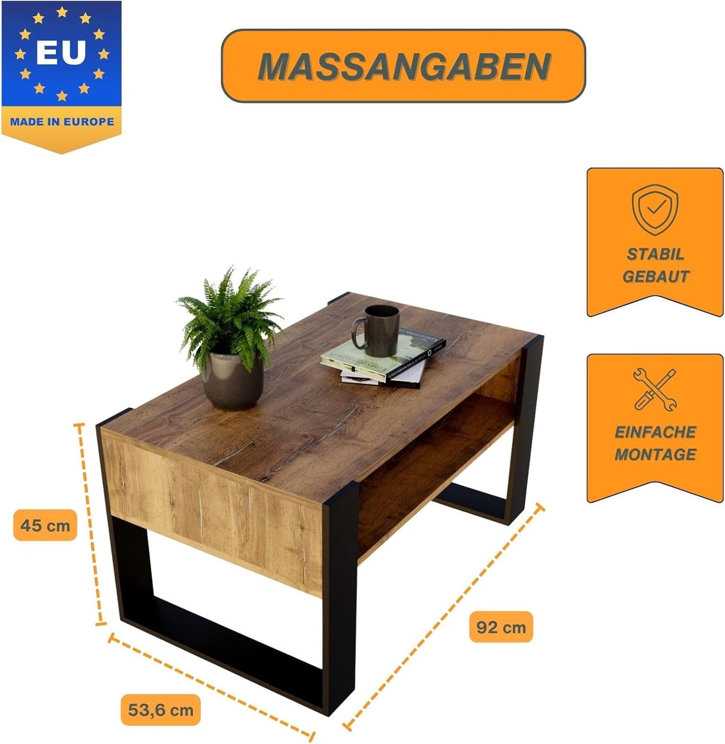Moderner Couchtisch Karo 92 mit Staufach, Retro-schwarz