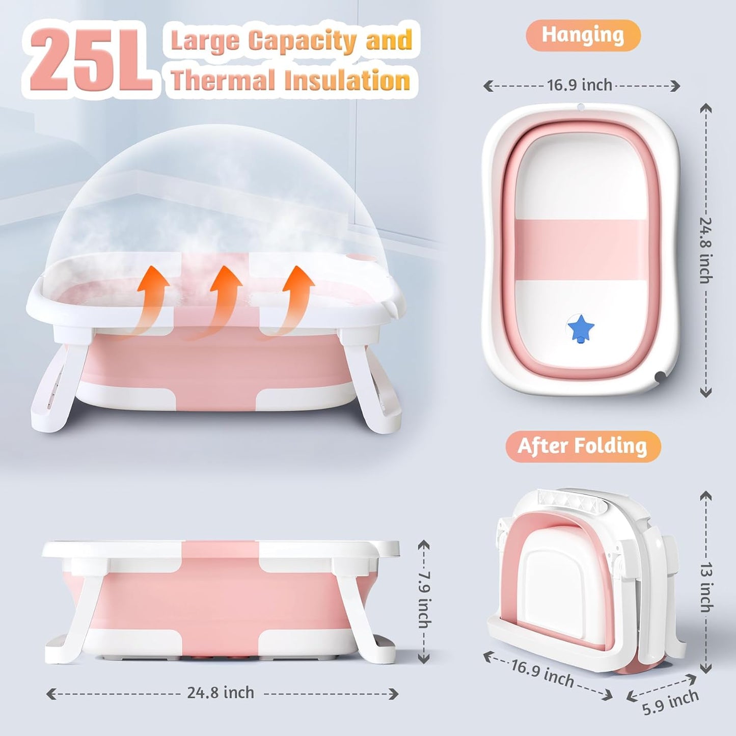 Faltbare Babybadewanne mit Rutschmatte und Abflussloch, Rosa
