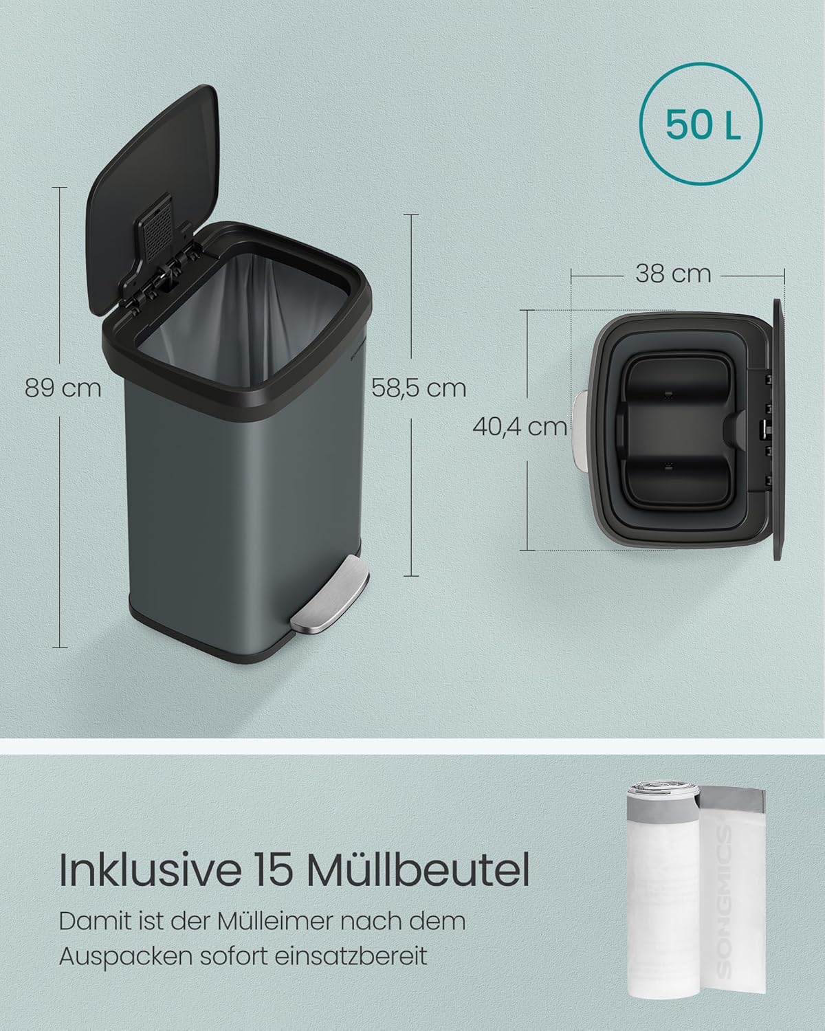 Tretmülleimer mit Deckel, Anthrazitgrau + Schwarz 50 L