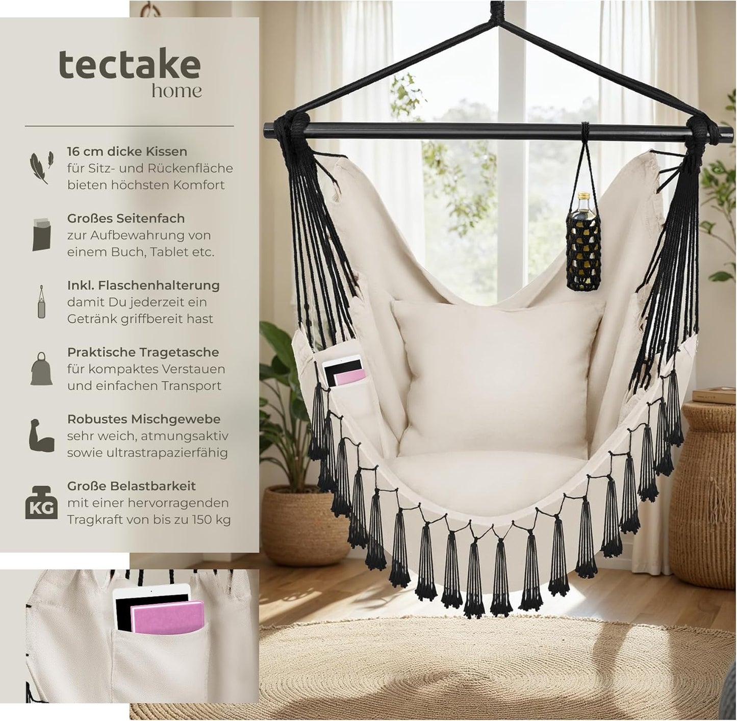 Malika - Hängesessel mit Tabletfach & Getränkehalterung, Beige